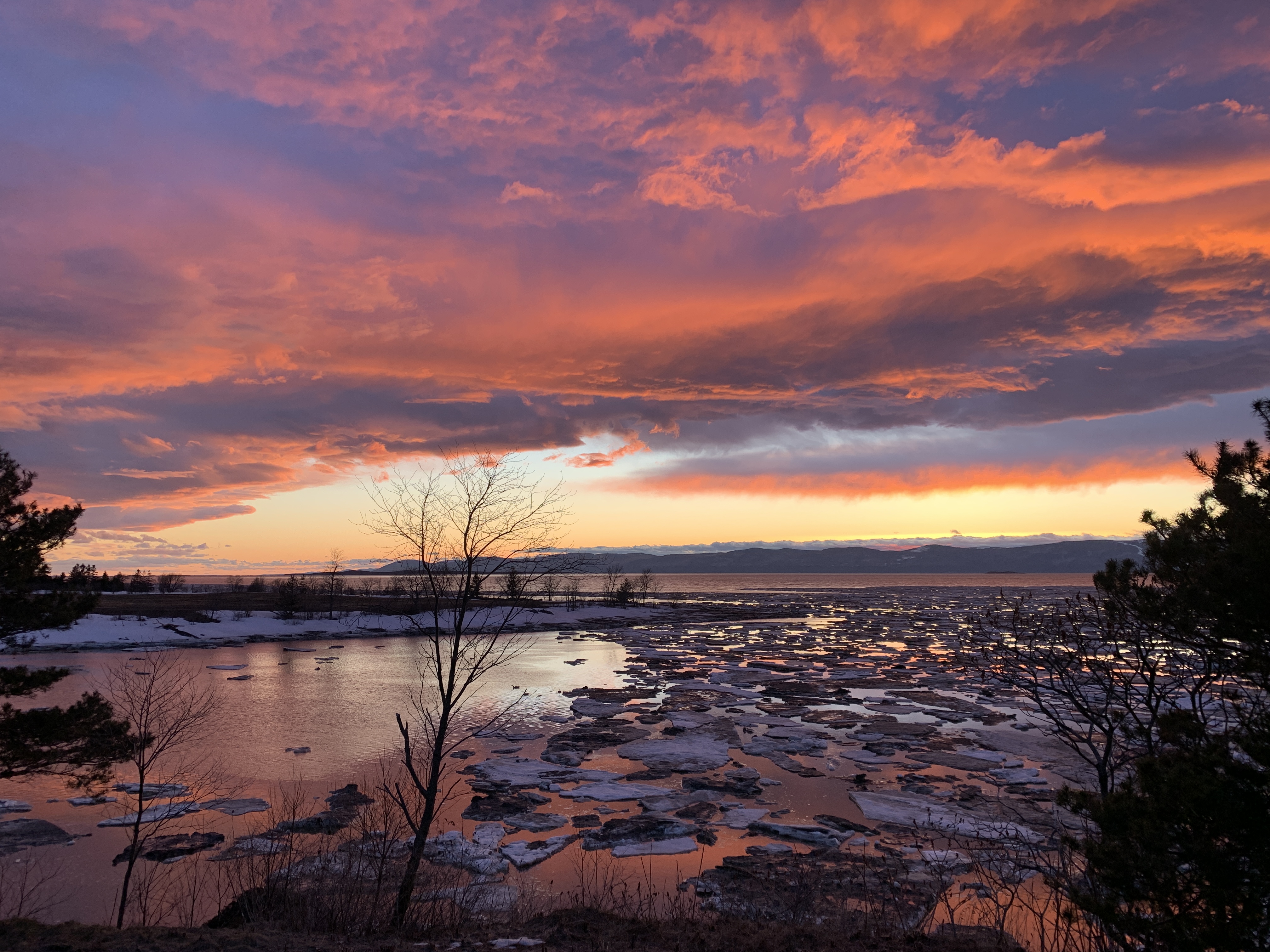 Image du fleuve le soir avec des glaces qui dérivent